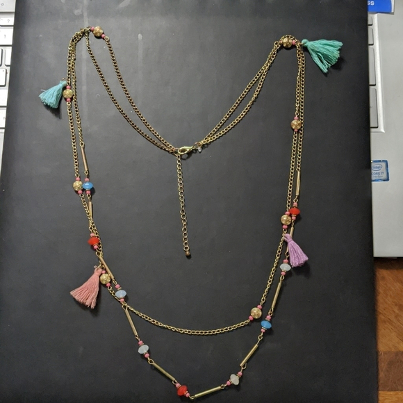 Jewelry - Gold Tone Silk Tassel and Crystal Bead Double Strand Statement Necklace